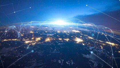 A mesmerizing depiction of Earth from space, overlaid with a network of interconnected lines symbolizing global communication. Night lights highlight land