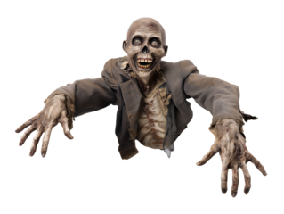 Zombie-like male figure with skeletal features wearing a dark suit jacket, isolated on transparent background