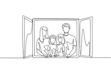 Single continuous line drawing a family in front of an open window. The appearance of an example of a happy, harmonious family. Compactness. Global Day of Parents. One line design vector illustration