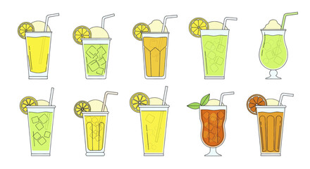 Collection of refreshing summer drinks and cocktails vector illustration.