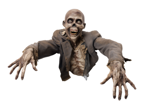 Zombie-like male figure with skeletal features wearing a dark suit jacket, isolated on transparent background