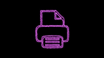 colorful neon glowing icon of a printer with a document page on top, isolated on black background, abstract digital technology symbol