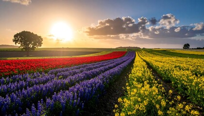 Obraz premium Scenic landscape of a field with vibrant rows of colorful flowers bathed in the warm glow of a setting sun, clouds