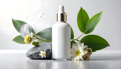 A minimalist beauty product display with a blank white bottle, greenery, and flowers on a clean, light background