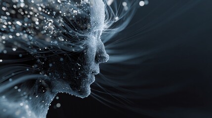 Digital human head profile with abstract neural network, glowing data particles, and flowing lines representing artificial intelligence and consciousness concept.