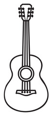Black outline drawing of an acoustic guitar with six strings, focusing on the sound hole, bridge, and tuning pegs.