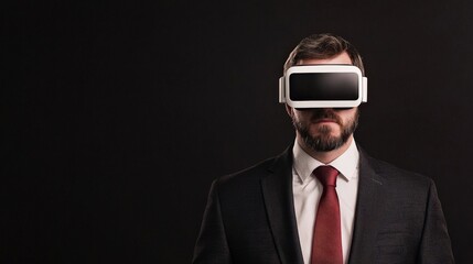 legal lawyer risk management concept Man in suit wearing virtual reality headset against a dark background.