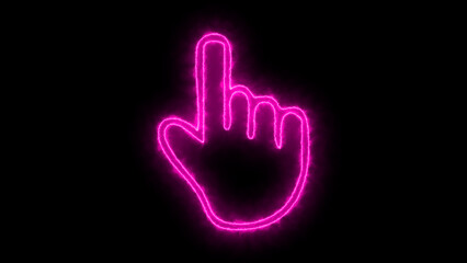glowing pink neon hand cursor icon pointing forward isolated on black background with electric energy effect