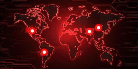 legal lawyer risk management concept Abstract red world map with digital connections and highlighted locations.