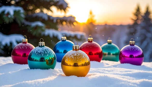 Seven colorful ornaments sit in fresh snow, reflecting the warm light of the setting sun behind a snow-covered evergreen forest - Powered by Adobe