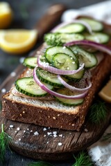 Open Faced Sandwich with Brined Herring Placed on Sliced Rye Bread for Delicious Meal Presentation