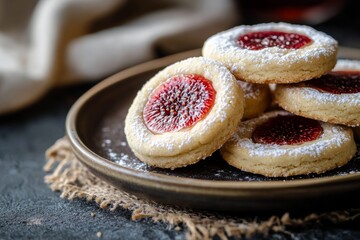 Buttery shortbread cookies with fig jam centers dusted in powdered sugar on rustic ceramic plate