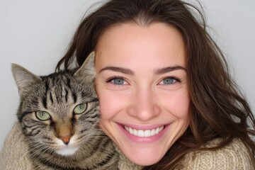Smiling individual gently strokes content cat from head to tail in bright white room