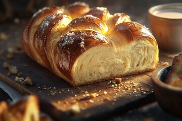 Closeup of Golden Fluffy Brioche Bread Loaf Featuring Glossy Crust and Soft Airy Interior Sliced Fresh