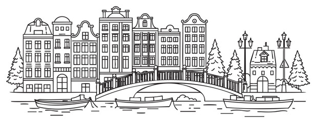 Fototapeta premium Black outline illustration of traditional canal houses and a bridge with boats in a detailed cityscape with trees.