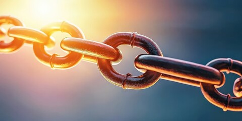 legal lawyer risk management concept Close-up of a metallic chain link illuminated by sunlight.