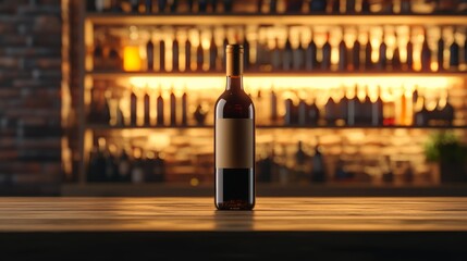 Wine Bottles Placed on Rustic Wooden Table Inside Cozy Bar Setting with Soft Blurred Out of Focus Background