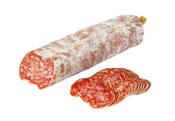 Salami sausage whole piece and sliced on transparent background