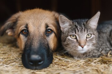 Adorable Kitten and Large Dog Curled Up Together in Rustic Barn Hay During Golden Hour Natural Light