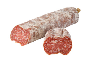 Salami sausage whole and cut on transparent background
