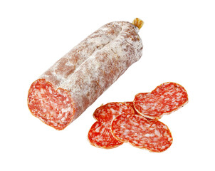 Salami log and sliced pieces on transparent background