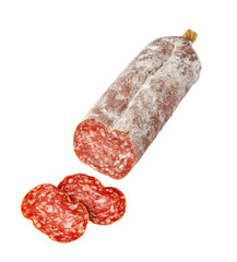 Salami sausage with slices on transparent background