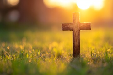 Serene Landscape of a Wooden Cross at Sunset with Golden Light Illuminating the Grass