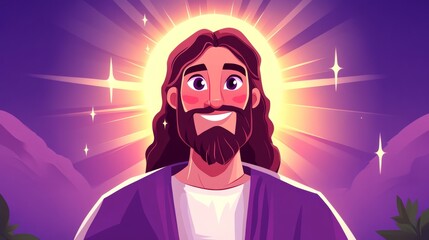 Cheerful Man with Glowing Halo Standing Amidst Towering Mountains in Peaceful Outdoor Landscape