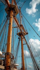 Majestic ship masts reaching towards a bright blue sky