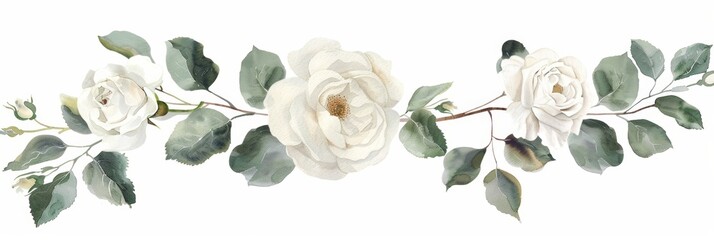 Fototapeta premium White Roses Accompanied by Green Leaves Forming Horizontal Watercolor Border Element