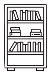 Black outline vector icon of a simple bookshelf with three shelves filled with various books.