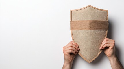 legal lawyer risk management concept Hands holding a textured shield against a plain background.