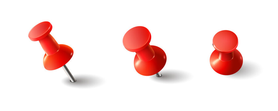 Red push pin set isolated on white background for office and school supplies design