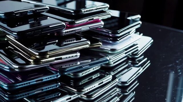 Pile of mobile phones on table, various models and types.