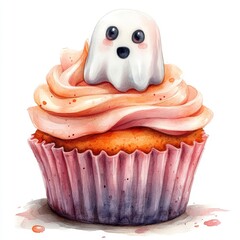 Adorable Friendly Ghost Topped Cupcake in Soft Pastel Watercolor Tones