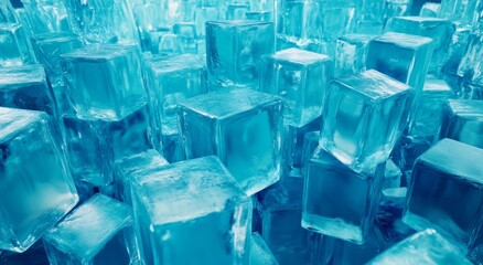 Close Up View of Transparent Blue Ice Cubes Arranged on Plain White Background