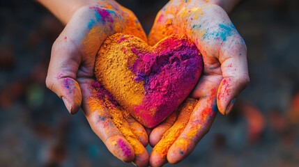 Vibrant hands holding colorful powders arranged into heart shape for festive celebration