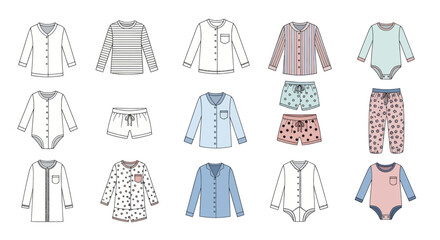 Set of vector illustrations of childrens sleepwear and bodysuits.