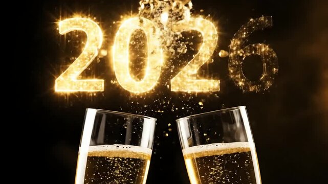 Two glasses clinking, liquid splashing, and golden sparkles forming "2026". Concept: Toast, celebration, festive moment, and bright future expectation