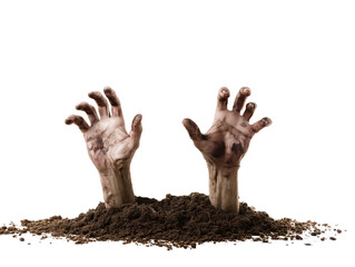 Close-up of two pale hands emerging from dark soil on transparent background
