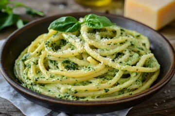 Creamy pasta dish featuring fresh spinach leaves in rich green sauce served on plate