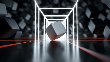 Abstract cube in a neon tunnel, creating a futuristic and dynamic visual experience for modern designs and concepts