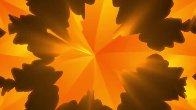 Amber leaf pattern on dark background, reflecting radiant light. Illustrates warmth, nature, light, and autumnal beauty in an abstract arrangement