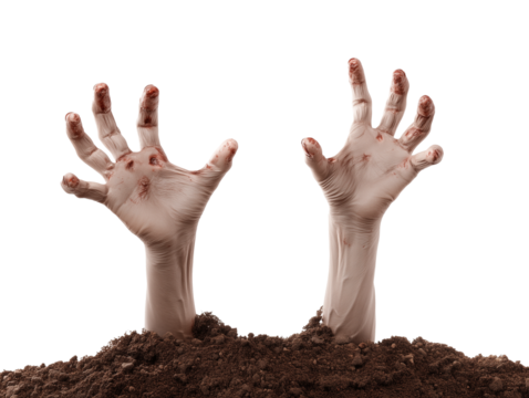 Close-up of two pale hands emerging from dark soil on transparent background