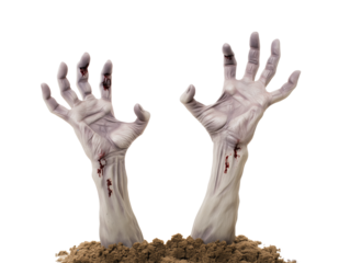 Two skeletal hands emerging from earth with blood droplets on transparent background