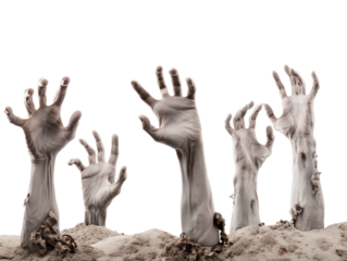 Six skeletal hands emerging from a sandy landscape on transparent background