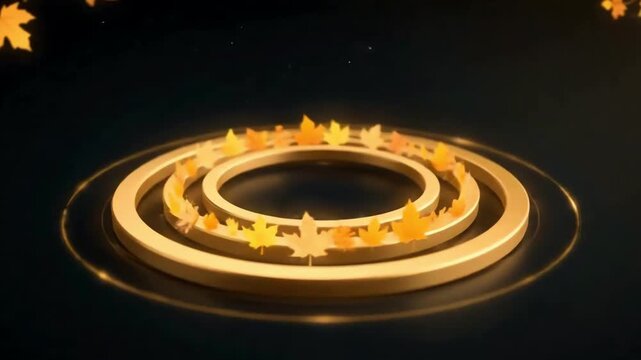 Animated golden rings expand, adorned with falling autumn leaf. Represents cyclical nature, transition, seasonal change, flow, cycle of life