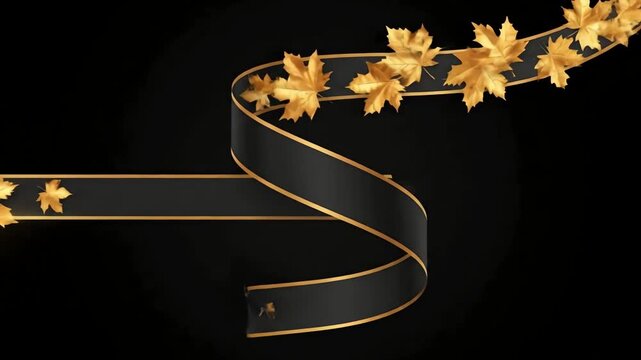 Black banner with golden trim unfurls, accompanied by golden maple foliage. It is representative of fall, elegance, transition and seasonal beauty.