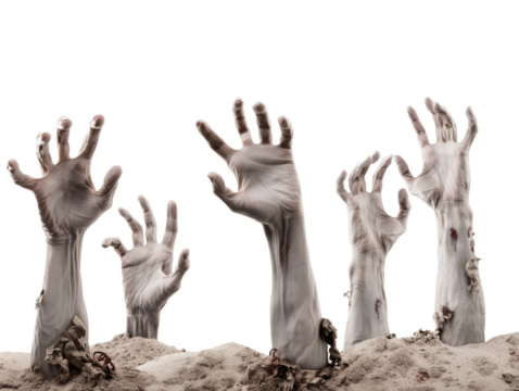 Six skeletal hands emerging from a sandy landscape on transparent background