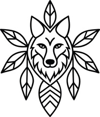 tribal wolf mandala with ornamental feathers vector illustration on transparent background